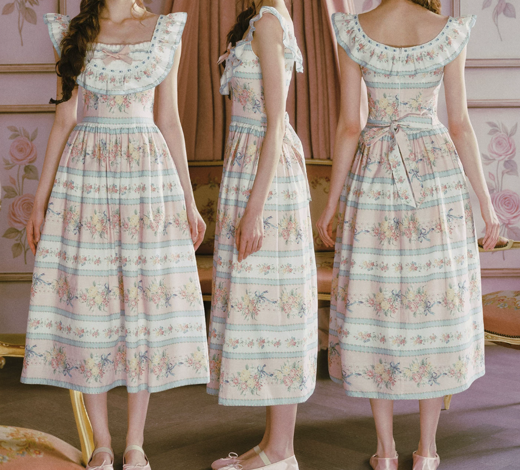 Playful Square Neck Floral Prom Dress Ruffles Bow A-Line Evening Dress C8485