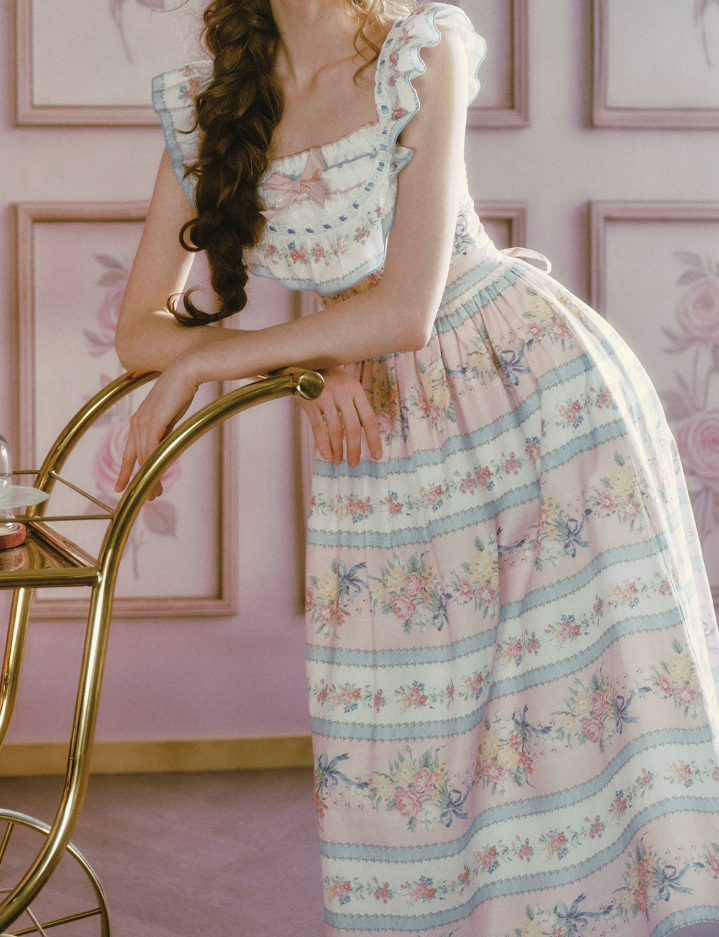 Playful Square Neck Floral Prom Dress Ruffles Bow A-Line Evening Dress C8485