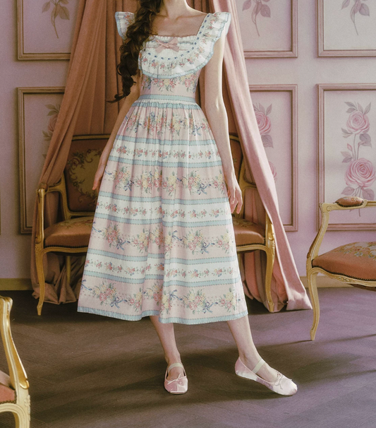 Playful Square Neck Floral Prom Dress Ruffles Bow A-Line Evening Dress C8485