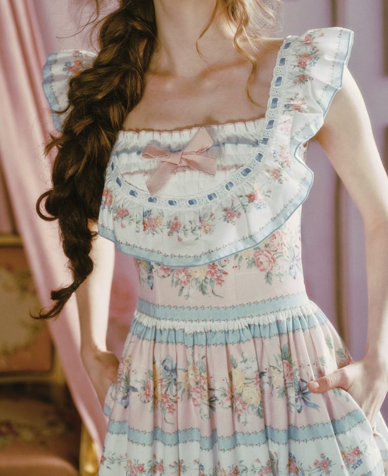 Playful Square Neck Floral Prom Dress Ruffles Bow A-Line Evening Dress C8485