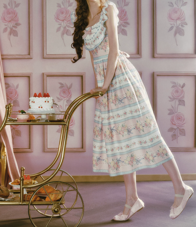 Playful Square Neck Floral Prom Dress Ruffles Bow A-Line Evening Dress C8485