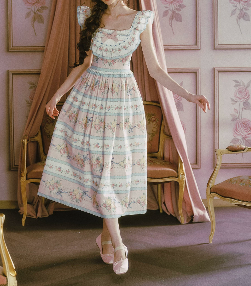 Playful Square Neck Floral Prom Dress Ruffles Bow A-Line Evening Dress C8485