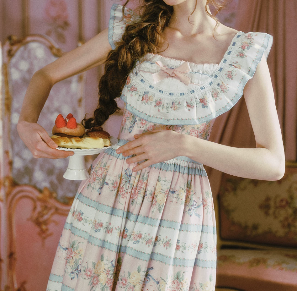Playful Square Neck Floral Prom Dress Ruffles Bow A-Line Evening Dress C8485