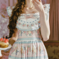 Playful Square Neck Floral Prom Dress Ruffles Bow A-Line Evening Dress C8485