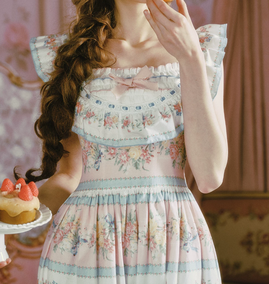 Playful Square Neck Floral Prom Dress Ruffles Bow A-Line Evening Dress C8485