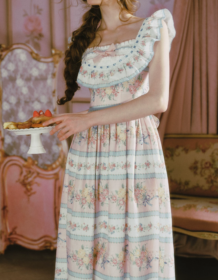 Playful Square Neck Floral Prom Dress Ruffles Bow A-Line Evening Dress C8485