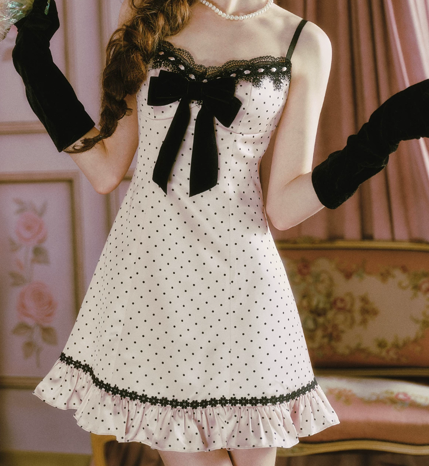 Adorable Lace Spaghetti Straps White Homecoming Dress Bow Ruffles Polka Dots A-Line Birthday Dress C8487