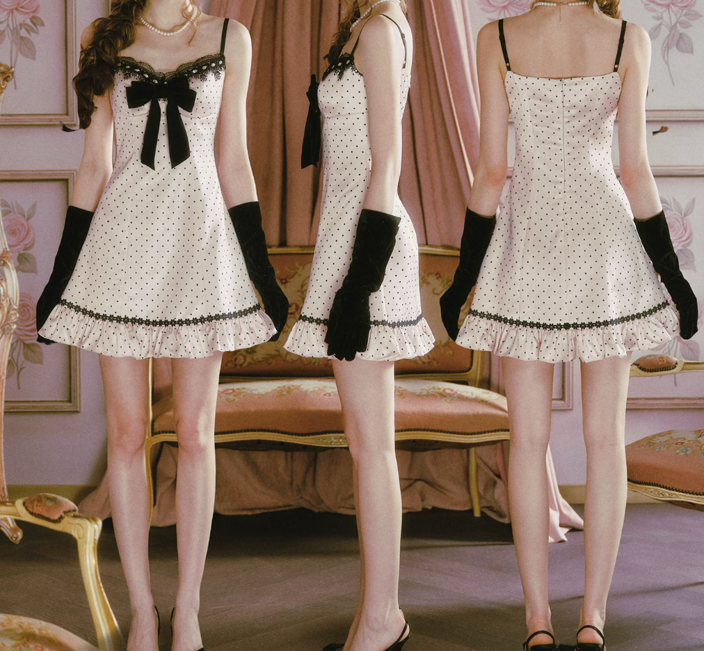 Adorable Lace Spaghetti Straps White Homecoming Dress Bow Ruffles Polka Dots A-Line Birthday Dress C8487