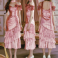 Unique Off-the-Shoulder Pink Prom Dress Ruffles Slit Mermaid Evening Dress C8488