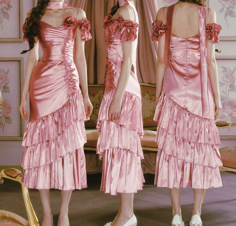 Unique Off-the-Shoulder Pink Prom Dress Ruffles Slit Mermaid Evening Dress C8488