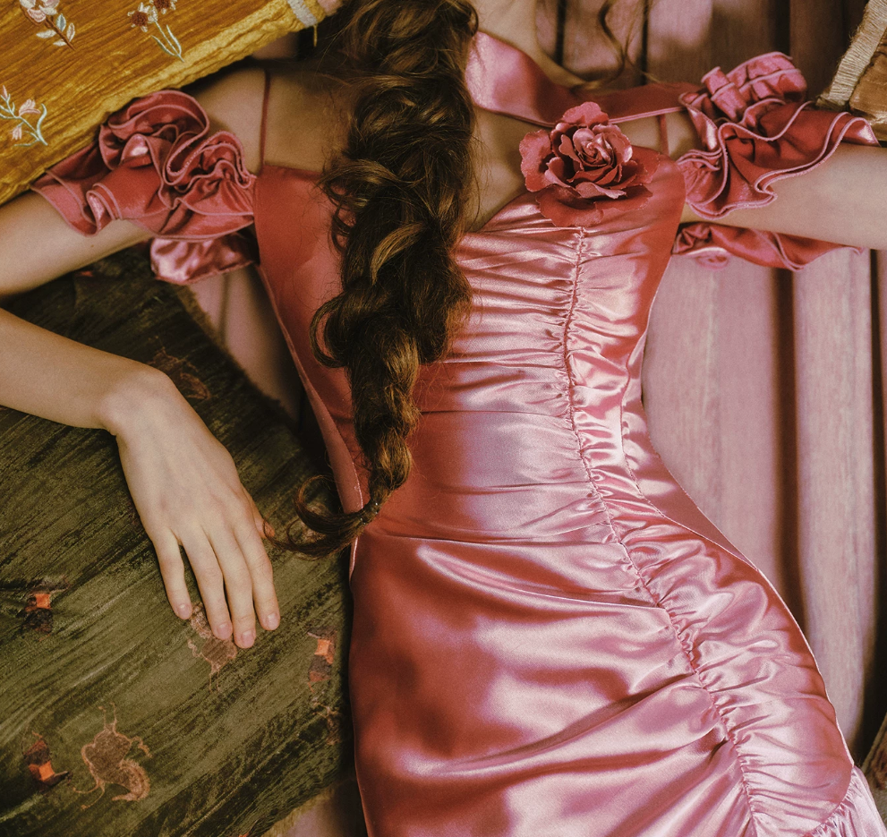 Unique Off-the-Shoulder Pink Prom Dress Ruffles Slit Mermaid Evening Dress C8488
