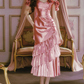 Unique Off-the-Shoulder Pink Prom Dress Ruffles Slit Mermaid Evening Dress C8488