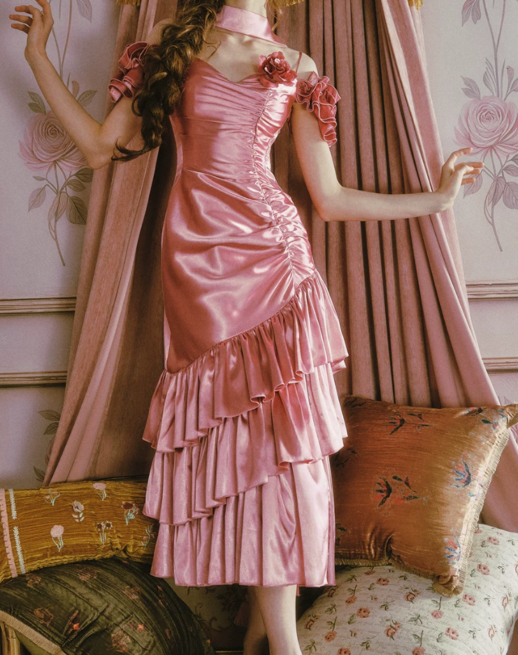 Unique Off-the-Shoulder Pink Prom Dress Ruffles Slit Mermaid Evening Dress C8488