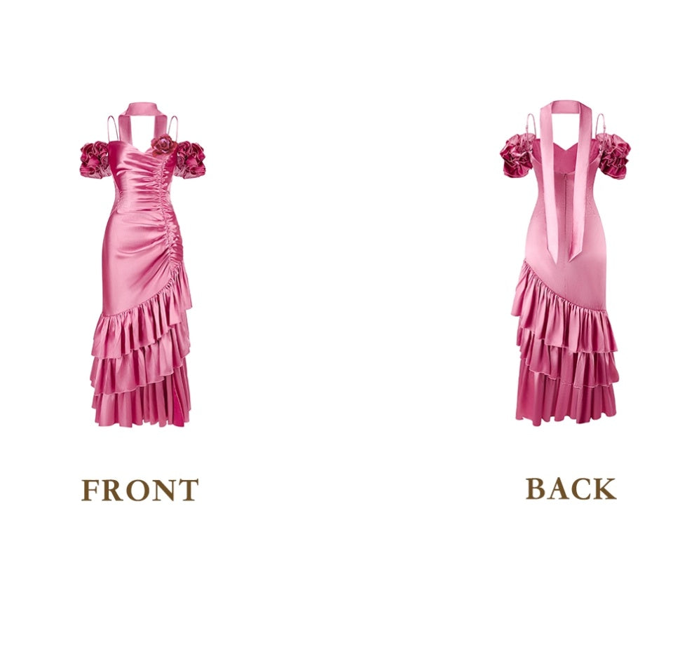 Unique Off-the-Shoulder Pink Prom Dress Ruffles Slit Mermaid Evening Dress C8488