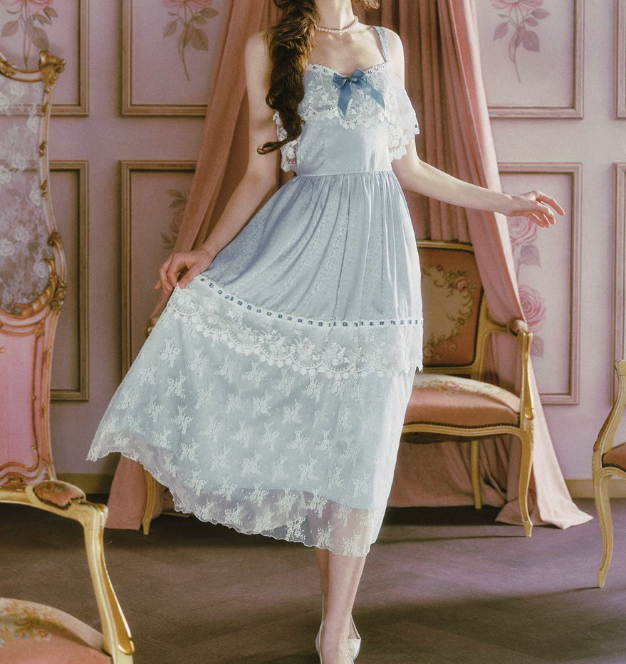 Classical Lace Blue Prom Dress Spaghetti Straps A-Line Evening Dress C8489