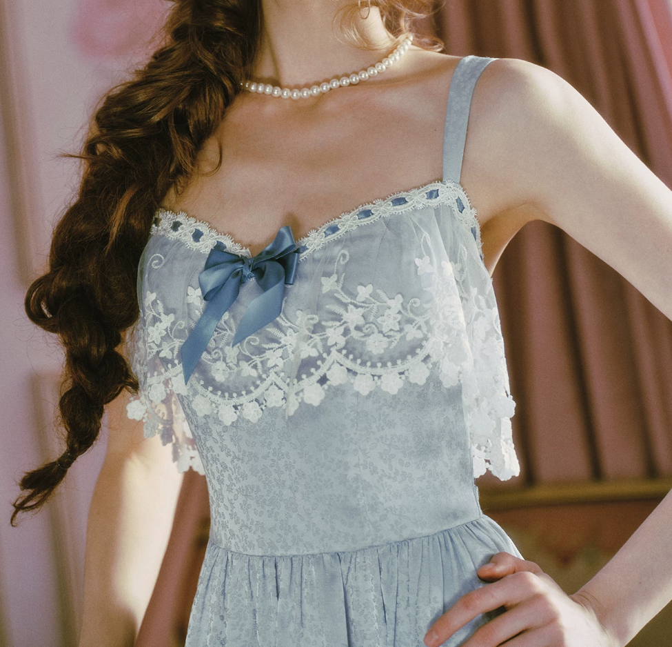 Classical Lace Blue Prom Dress Spaghetti Straps A-Line Evening Dress C8489