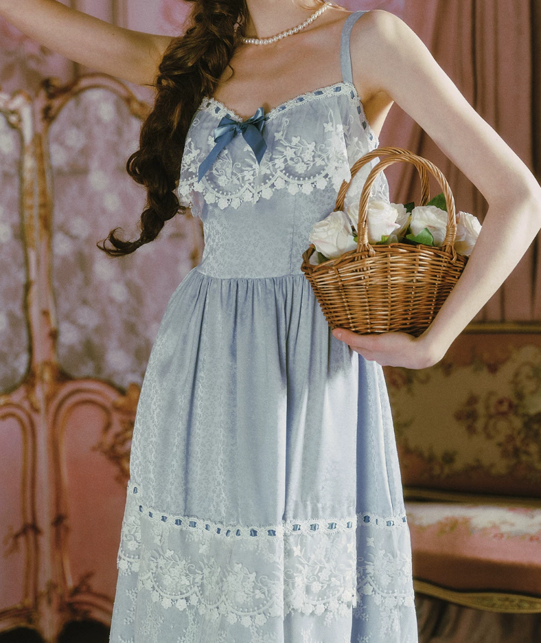 Classical Lace Blue Prom Dress Spaghetti Straps A-Line Evening Dress C8489