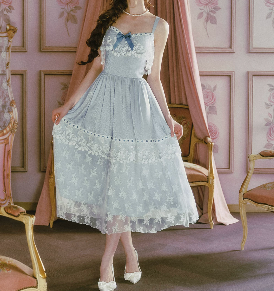 Classical Lace Blue Prom Dress Spaghetti Straps A-Line Evening Dress C8489