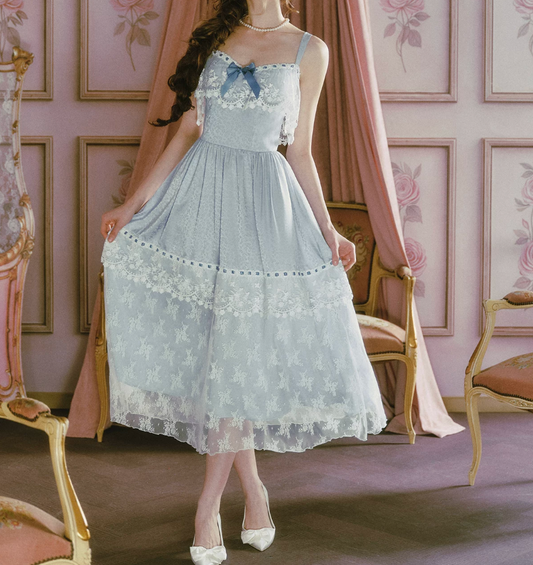 Classical Lace Blue Prom Dress Spaghetti Straps A-Line Evening Dress C8489