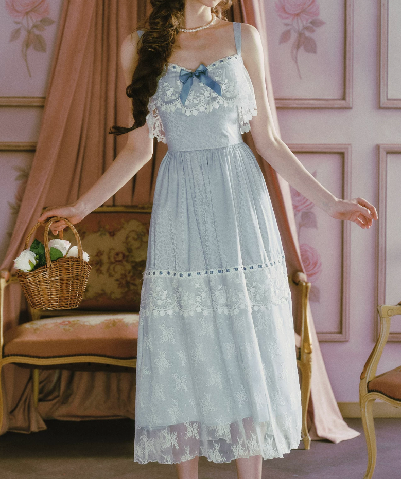 Classical Lace Blue Prom Dress Spaghetti Straps A-Line Evening Dress C8489