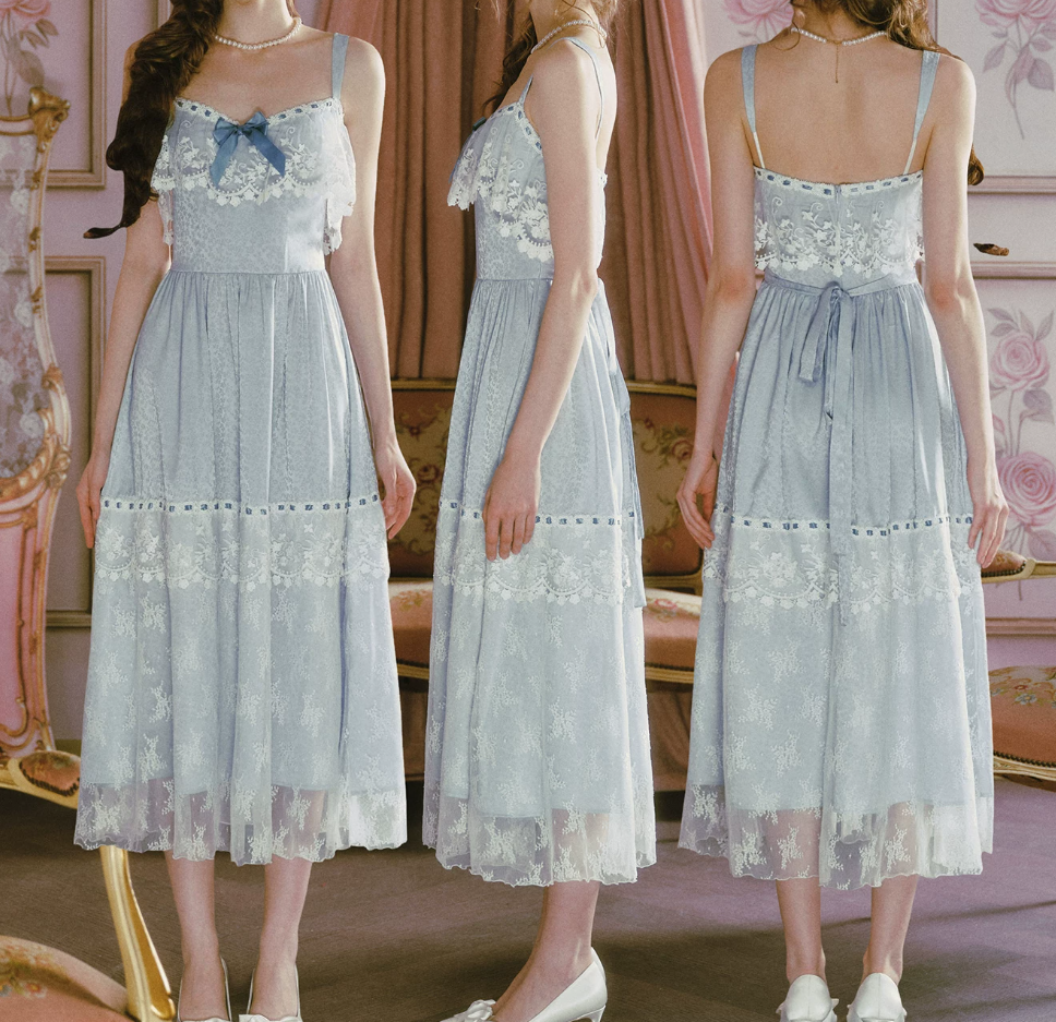 Classical Lace Blue Prom Dress Spaghetti Straps A-Line Evening Dress C8489