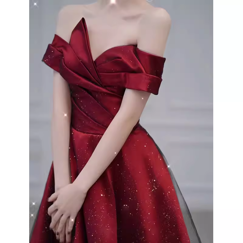 Sexy A Line Off The Shoulder Satin Burgundy Tulle Long Prom Dresses C848