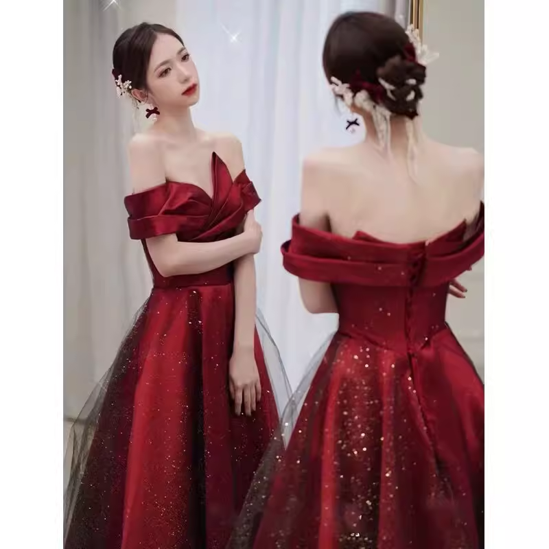 Sexy A Line Off The Shoulder Satin Burgundy Tulle Long Prom Dresses C848