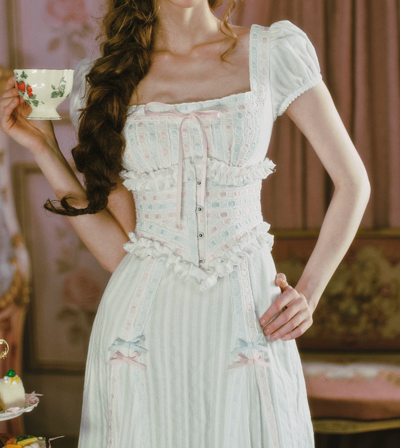 Sweet Short Sleeve Square Neck White Prom Dress Bows Stripes A-Line Evening Dress C8490