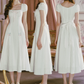 Sweet Short Sleeve Square Neck White Prom Dress Bows Stripes A-Line Evening Dress C8490