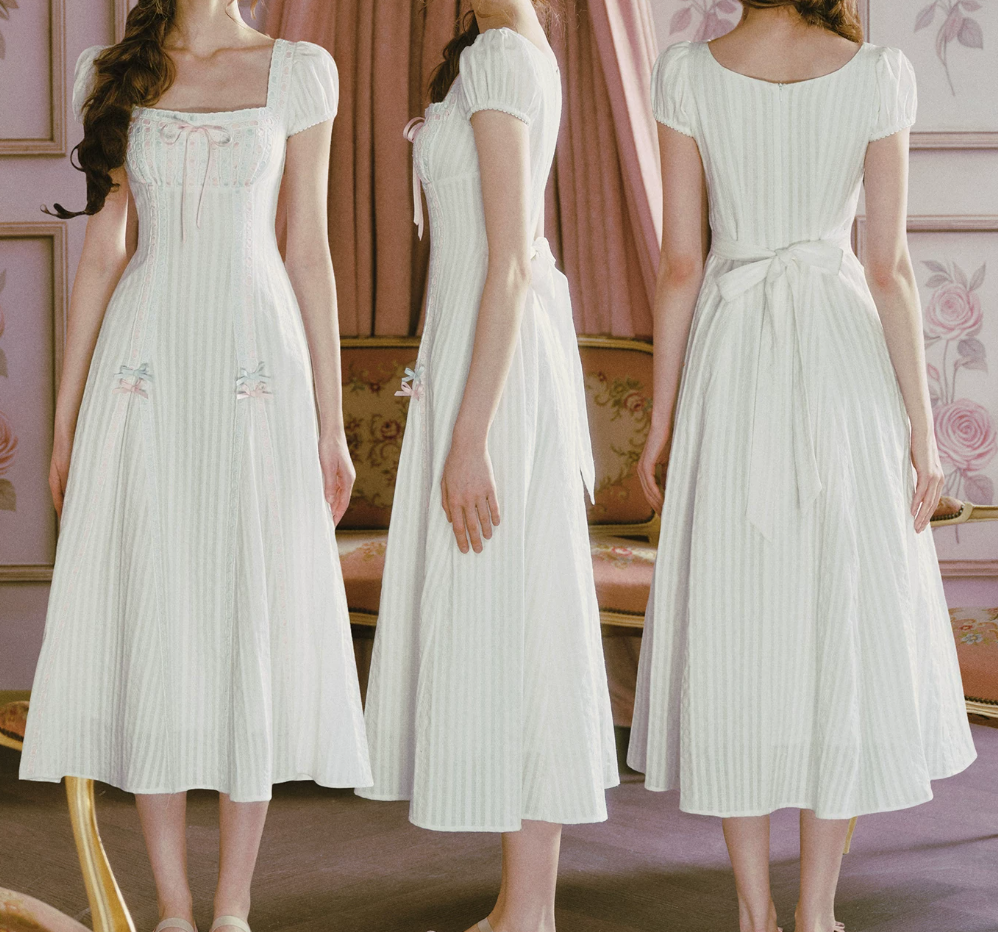 Sweet Short Sleeve Square Neck White Prom Dress Bows Stripes A-Line Evening Dress C8490