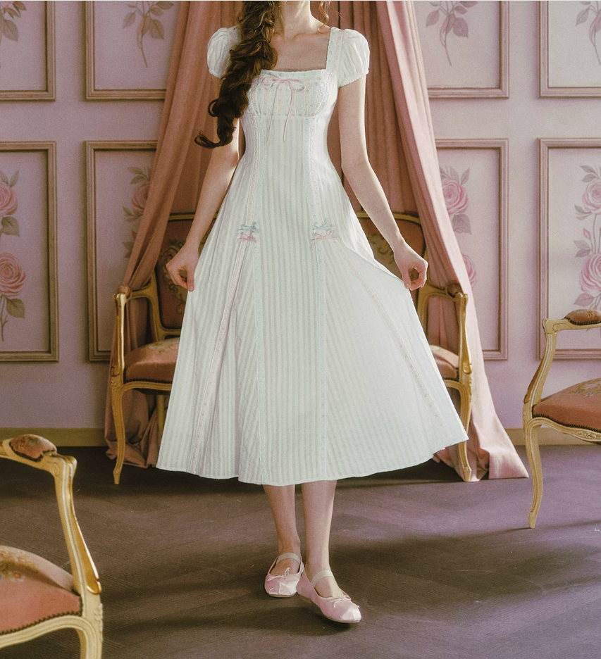 Sweet Short Sleeve Square Neck White Prom Dress Bows Stripes A-Line Evening Dress C8490