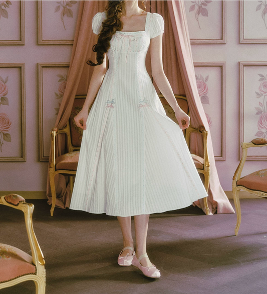 Sweet Short Sleeve Square Neck White Prom Dress Bows Stripes A-Line Evening Dress C8490