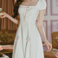 Sweet Short Sleeve Square Neck White Prom Dress Bows Stripes A-Line Evening Dress C8490