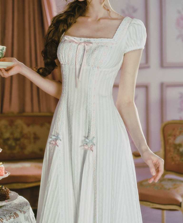 Sweet Short Sleeve Square Neck White Prom Dress Bows Stripes A-Line Evening Dress C8490