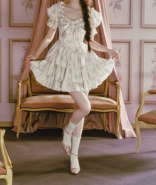 Lovely Square Neck Floral Homecoming Dress Bow Ruffles Tiered A-Line Birthday Dress C8492