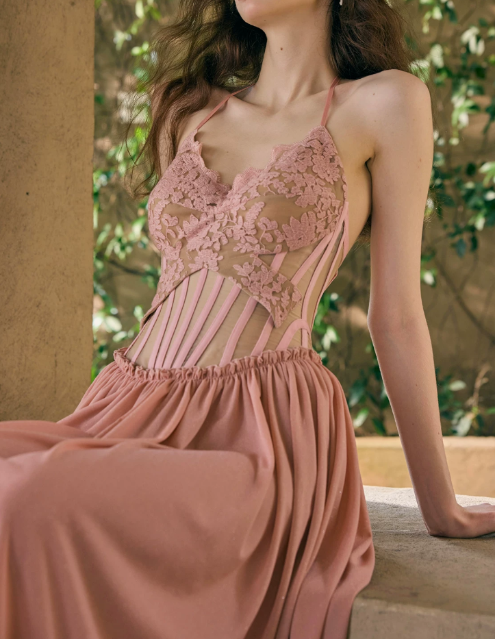 Enchanting Halter Neck Pink Prom Dress Lace A-Line Evening Dress C8493