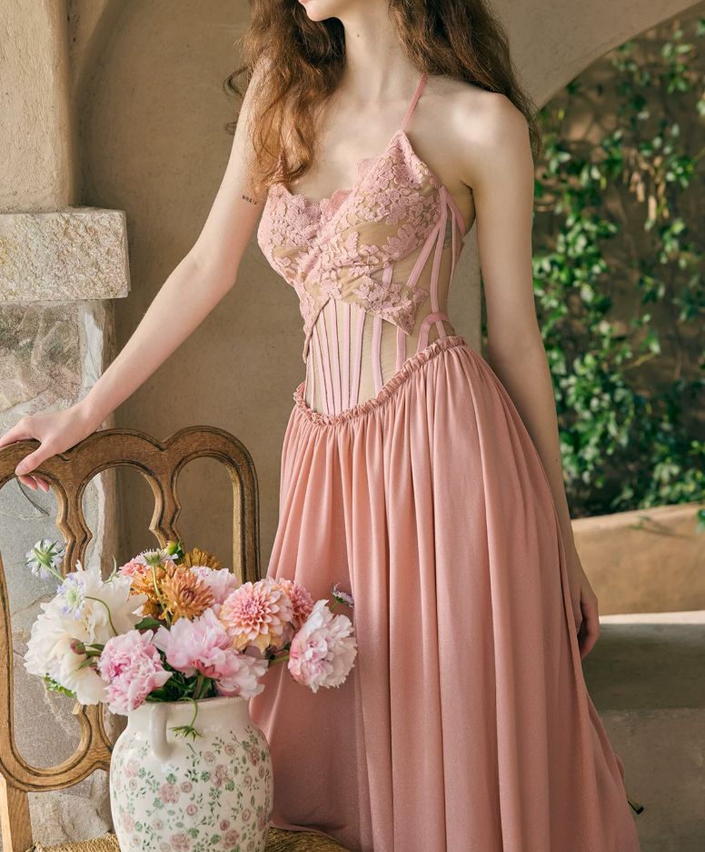 Enchanting Halter Neck Pink Prom Dress Lace A-Line Evening Dress C8493
