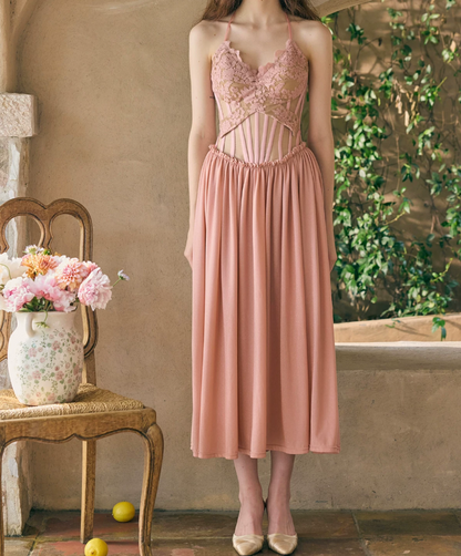 Enchanting Halter Neck Pink Prom Dress Lace A-Line Evening Dress C8493