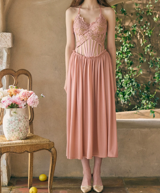 Enchanting Halter Neck Pink Prom Dress Lace A-Line Evening Dress C8493