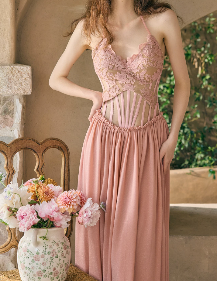 Enchanting Halter Neck Pink Prom Dress Lace A-Line Evening Dress C8493