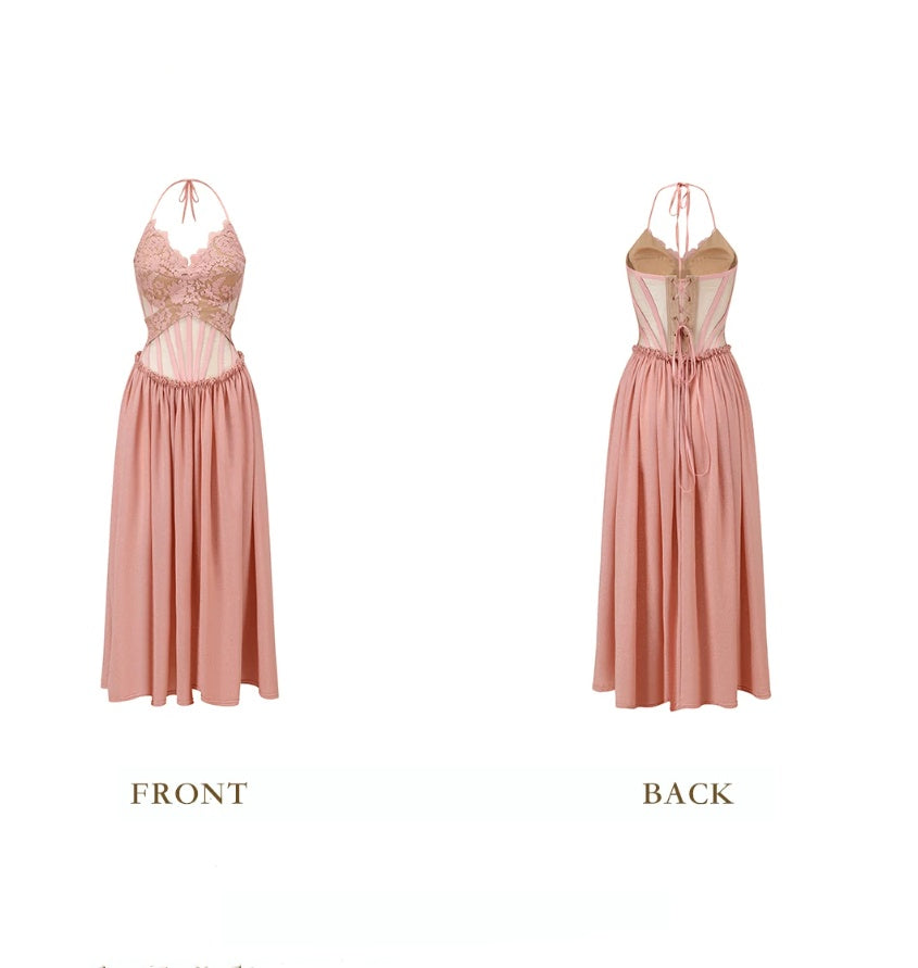 Enchanting Halter Neck Pink Prom Dress Lace A-Line Evening Dress C8493
