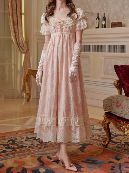 Romantic Jewel Neck Pink Prom Dress Lace A-Line Evening Dress C8494