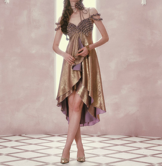 Charming Off-the-Shoulder Ruffles Homecoming Dress Purple & Gold A-Line Birthday Dress C8496