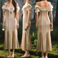 Vintage Off-the-Shoulder Beige Prom Dress Ruffled Lace Tulle Mermaid Evening Dress C8497