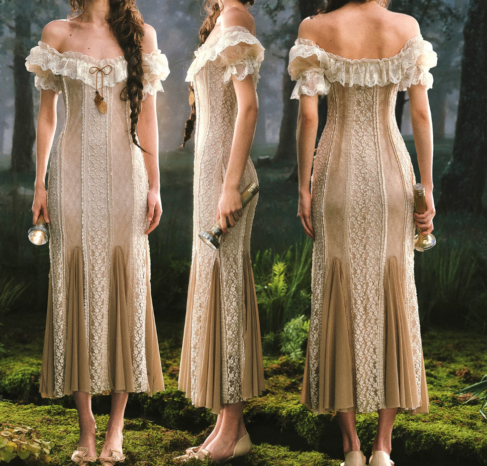 Vintage Off-the-Shoulder Beige Prom Dress Ruffled Lace Tulle Mermaid Evening Dress C8497