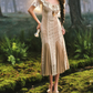Vintage Off-the-Shoulder Beige Prom Dress Ruffled Lace Tulle Mermaid Evening Dress C8497