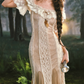 Vintage Off-the-Shoulder Beige Prom Dress Ruffled Lace Tulle Mermaid Evening Dress C8497