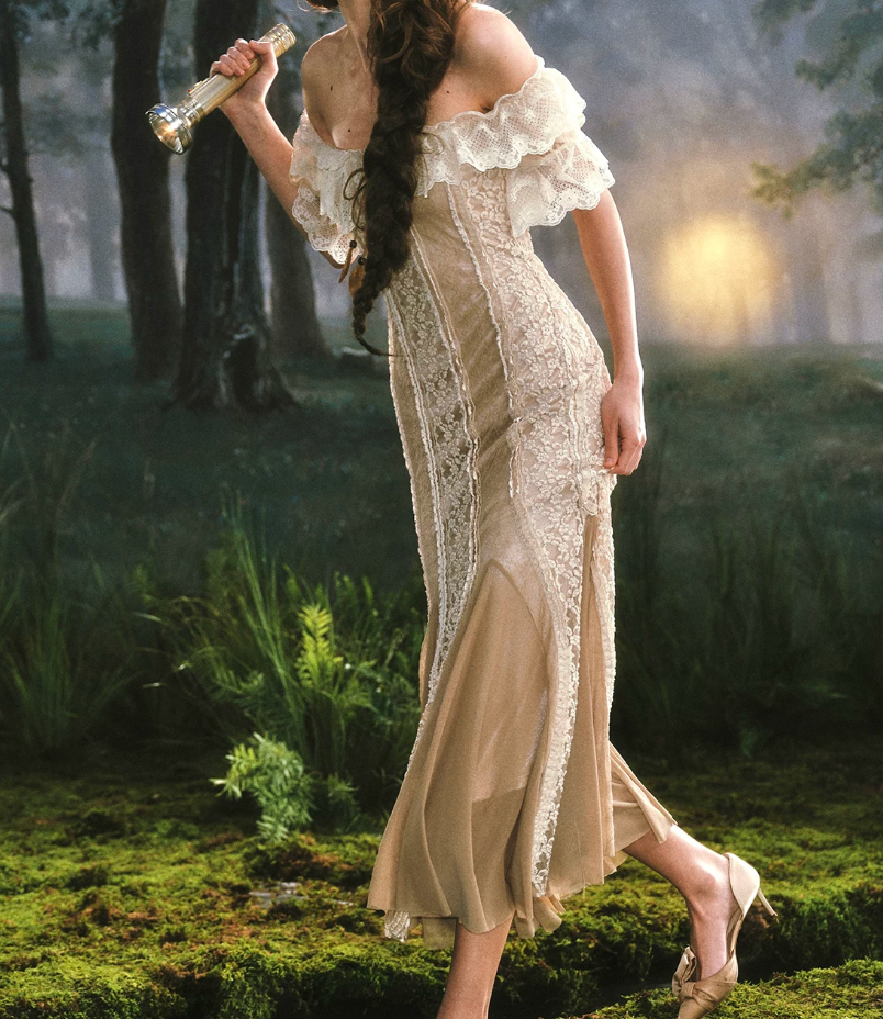 Vintage Off-the-Shoulder Beige Prom Dress Ruffled Lace Tulle Mermaid Evening Dress C8497