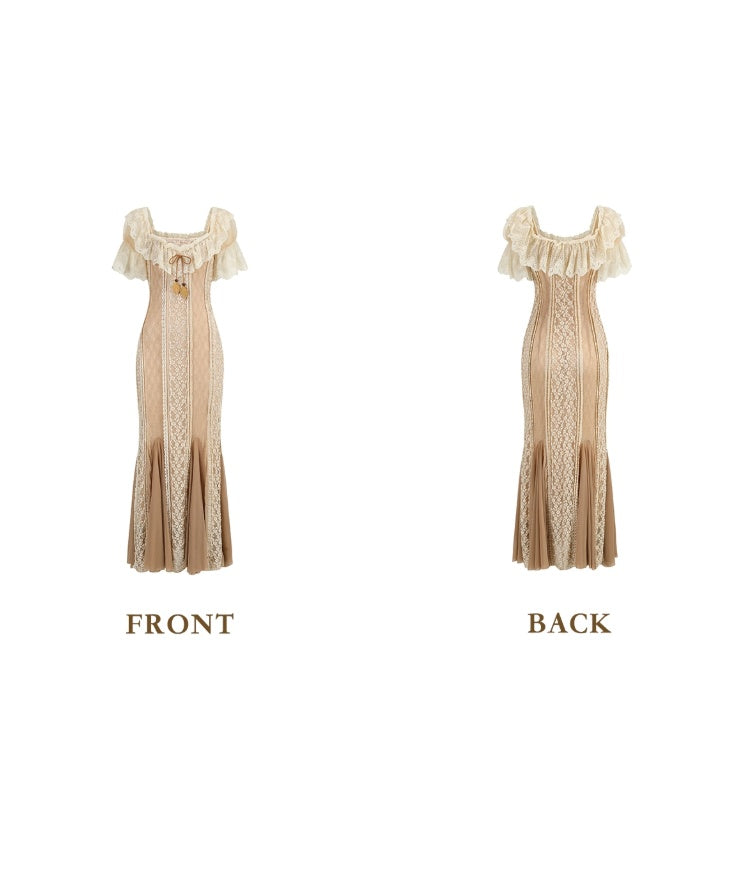 Vintage Off-the-Shoulder Beige Prom Dress Ruffled Lace Tulle Mermaid Evening Dress C8497