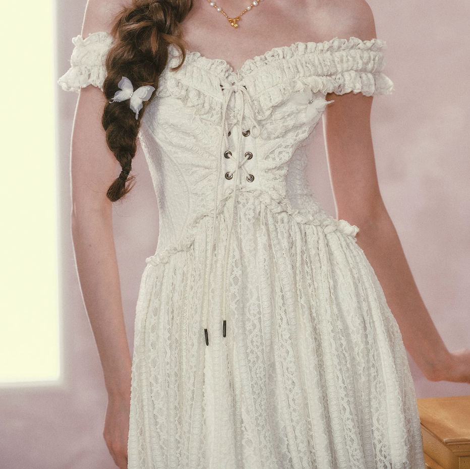 Charming Square Neck Ivory Prom Dress Ruffles Bodice Lace A-Line Evening Dress C8500